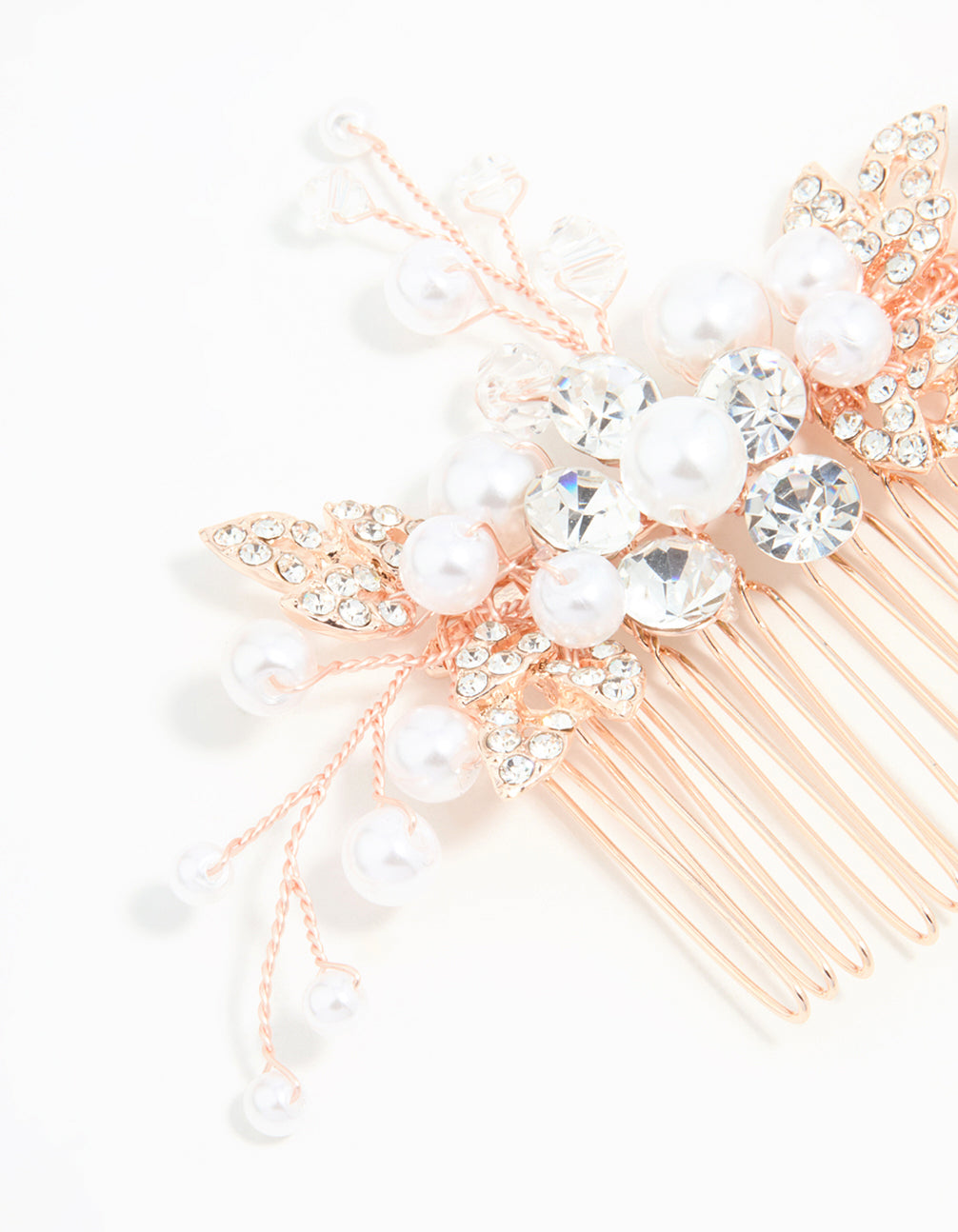 Rose Gold Diamante & Pearl Leaf Hair Comb