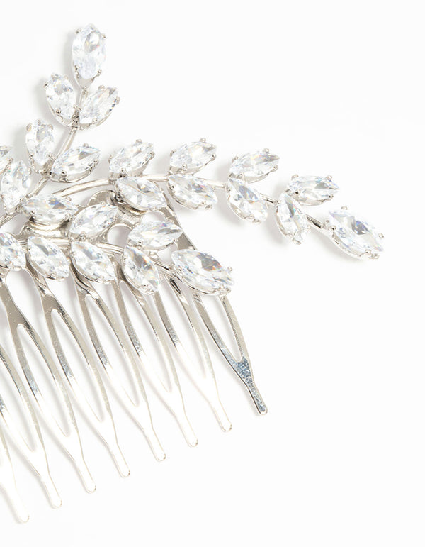 Silver Diamante Flower & Leaf Hair Comb