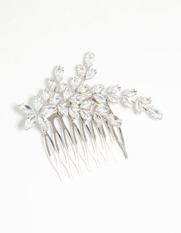 Silver Diamante Flower & Leaf Hair Comb