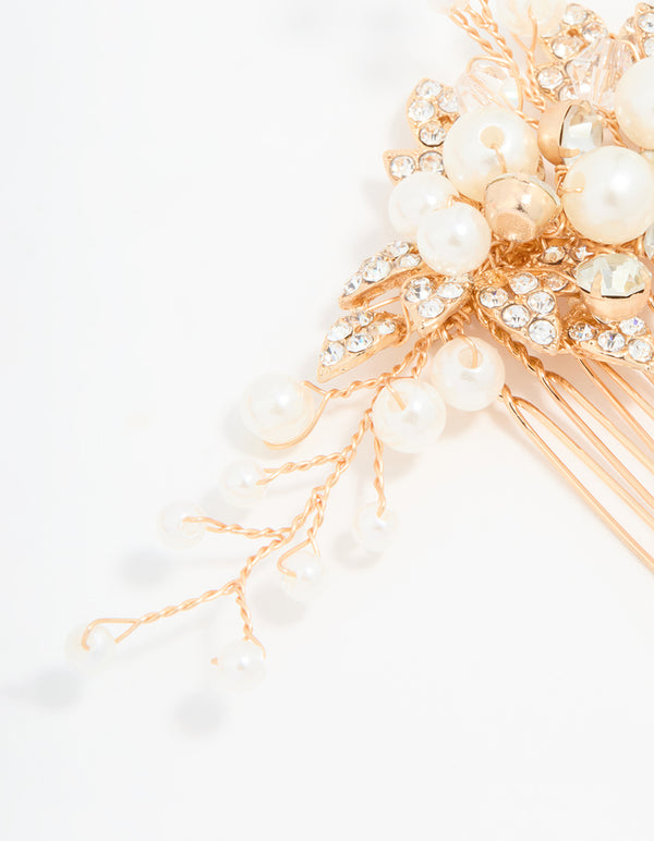 Rose Gold Diamante & Pearl Leaf Hair Comb