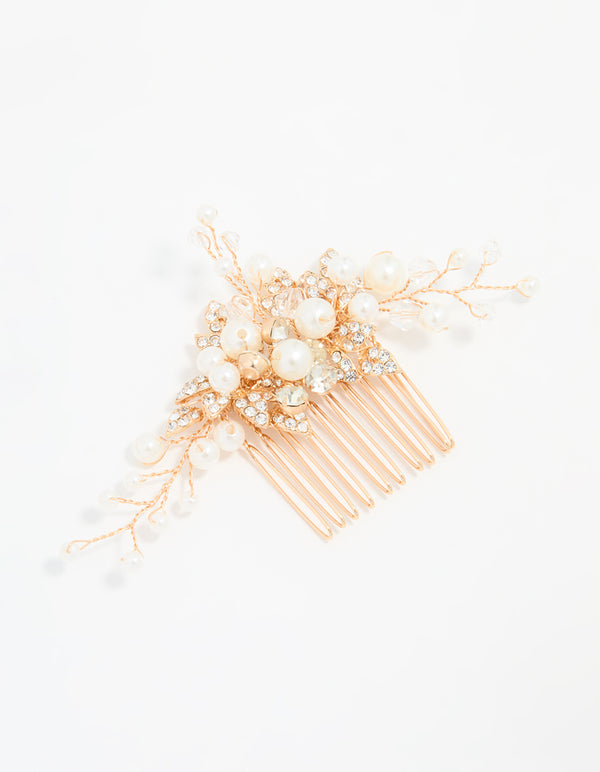 Rose Gold Diamante & Pearl Leaf Hair Comb