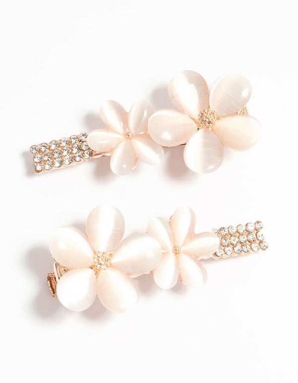 Rose Gold Diamante Pave Flower Hair Clips 2-Pack