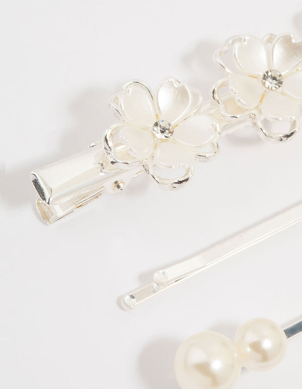 Silver Pearl Mixed Flower Clips 4-Pack