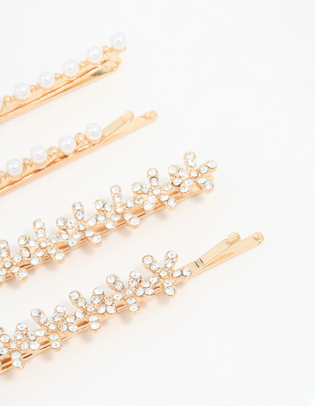 Gold Pearl Diamante Flower Clips 4-Pack