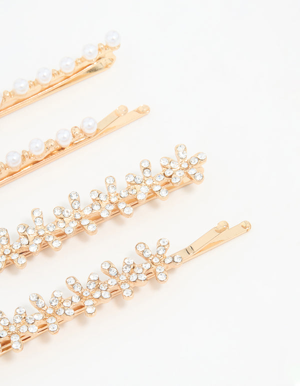 Gold Pearl Diamante Flower Clips 4-Pack