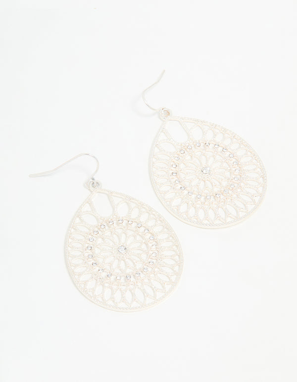 Silver Diamante Filigree Drop Earrings