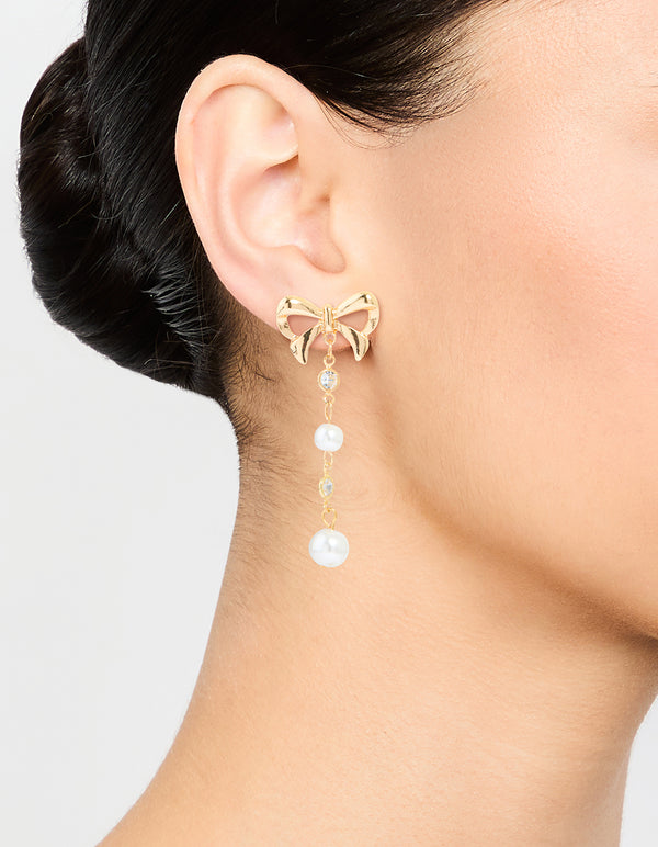 Gold Diamante Bow Pearl Drop Earrings