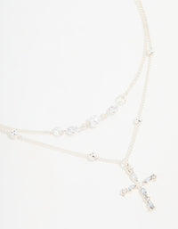 Silver Beaded Diamante Cross Layered Necklace - link has visual effect only