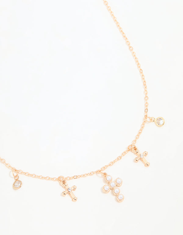 Gold Pearl Diamante Cross Charm Necklace