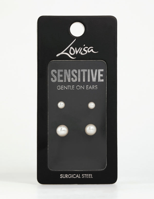 Gold Plated Surgical Steel Pearl Stud Earrings 2-Pack