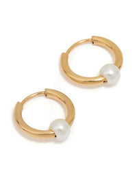 Gold Plated Surgical Steel Pearl Huggie Earrings - link has visual effect only
