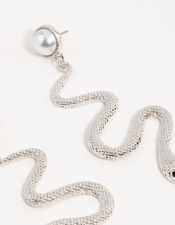Silver Pearl Snake Drop Earrings