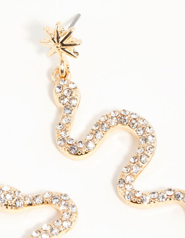 Gold Diamante Star & Snake Drop Earrings