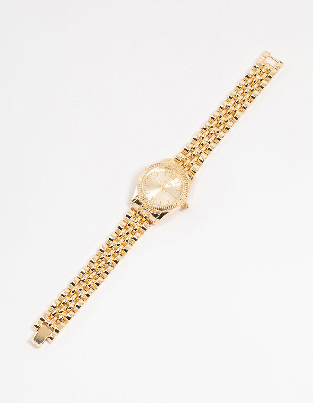 Showcasing a small round watch with gold tone dial featuring roman numerals and link band strap in gold designed for women formal occasions front view