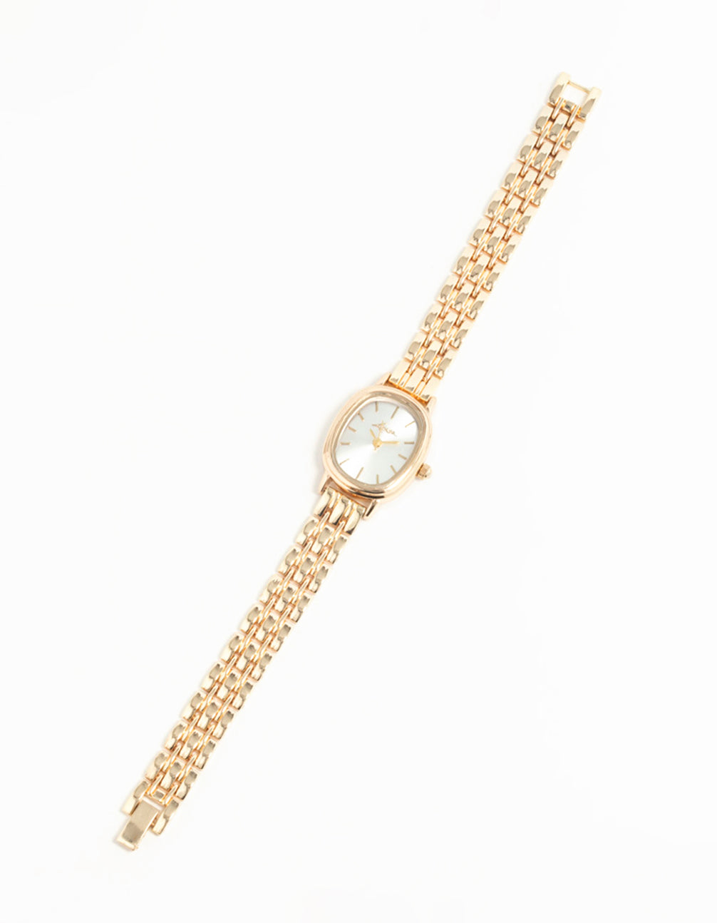 Stunning small oval watch featuring white dial, analog type, women's formal style, link-band strap in gold front view