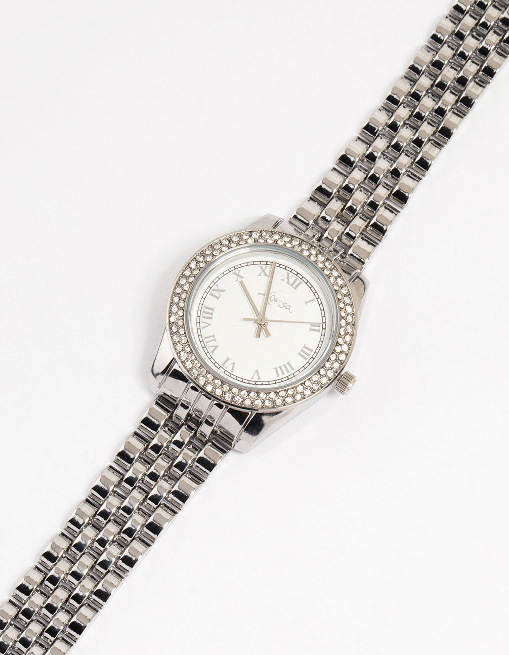 Elegant silver diamante medium watch featuring a white dial with roman numeral look, round dial shape, designed for women with formal occasion styling, analog type and link band strap watch face detail view