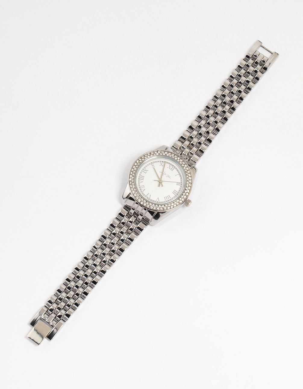 Sophisticated women's watch with a white dial showcasing roman numeral look, round dial shape for formal occasions, analog type featuring link band in silver, diamante embellished front view