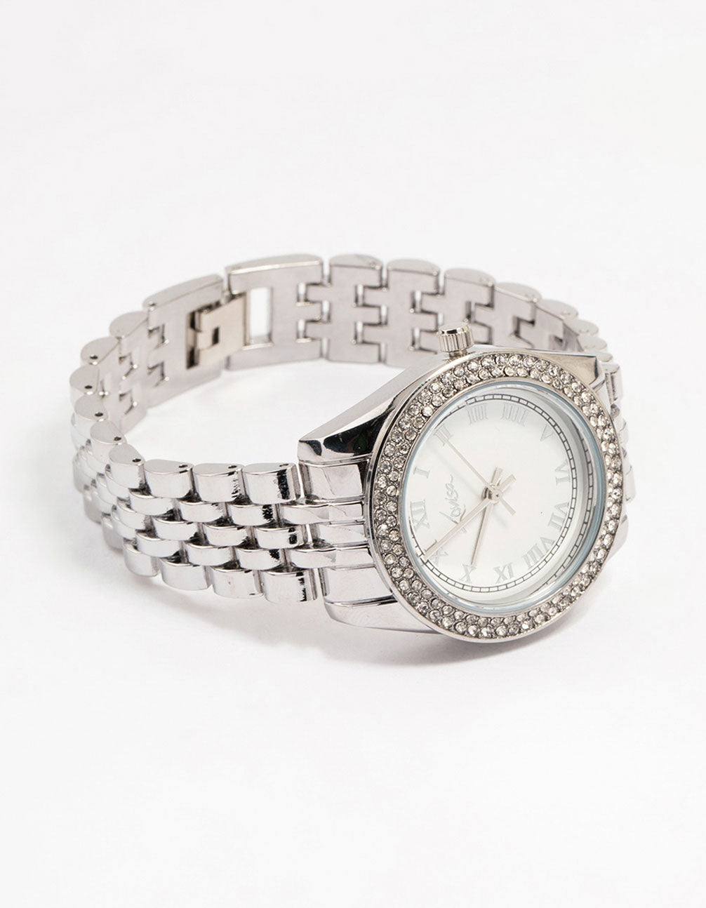 Sophisticated women's watch with a white dial showcasing roman numeral look, round dial shape for formal occasions, analog type featuring link band in silver, diamante embellished front view
