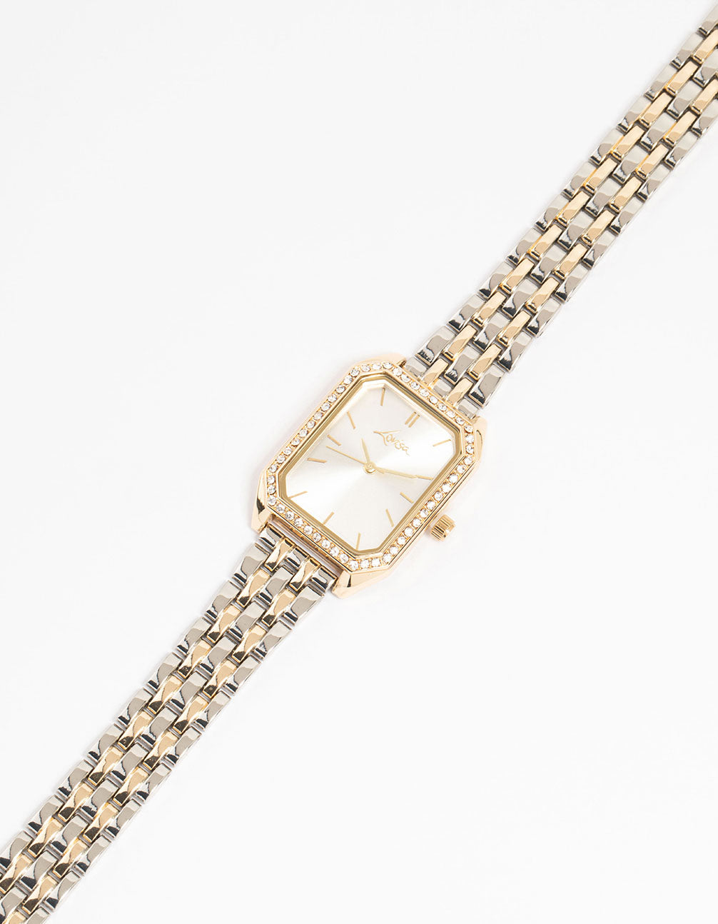 Discover a mixed metals diamante medium rectangle watch featuring white dial look with clear stones, women's formal analog timepiece on multi-color link band watch face detail view