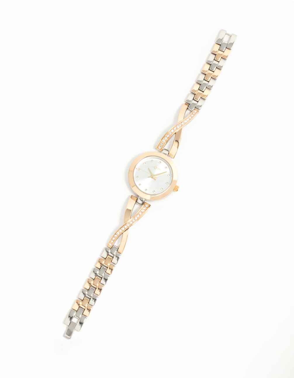 Showcasing a mixed metals diamante small round watch for women with geometric charm, white stone dial, formal occasion wear, multi-color link band, analog type watch face detail view