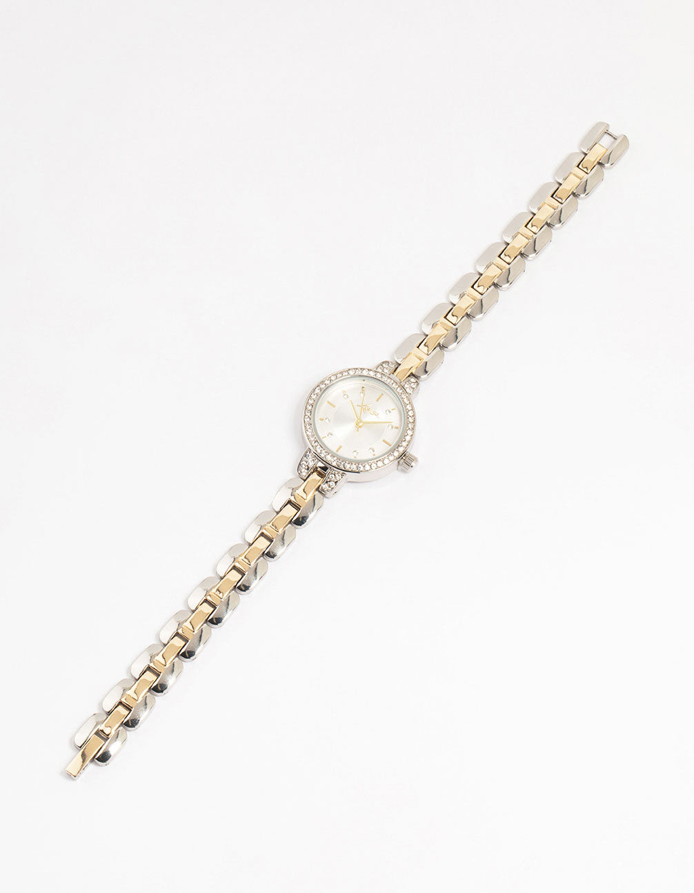 Elegant mixed metals small watch with a white dial and clear stones, round shape and diamante featuring multi-color link band designed for women analog casual wear front view