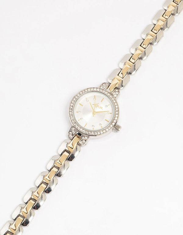 Mixed Metals Diamante Small Round Watch