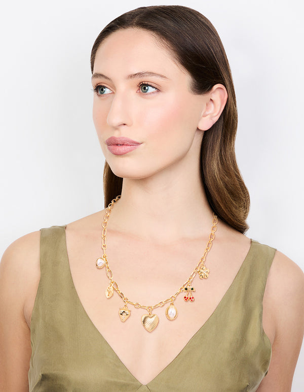 Gold Plated Heart & Cherry Charm Necklace