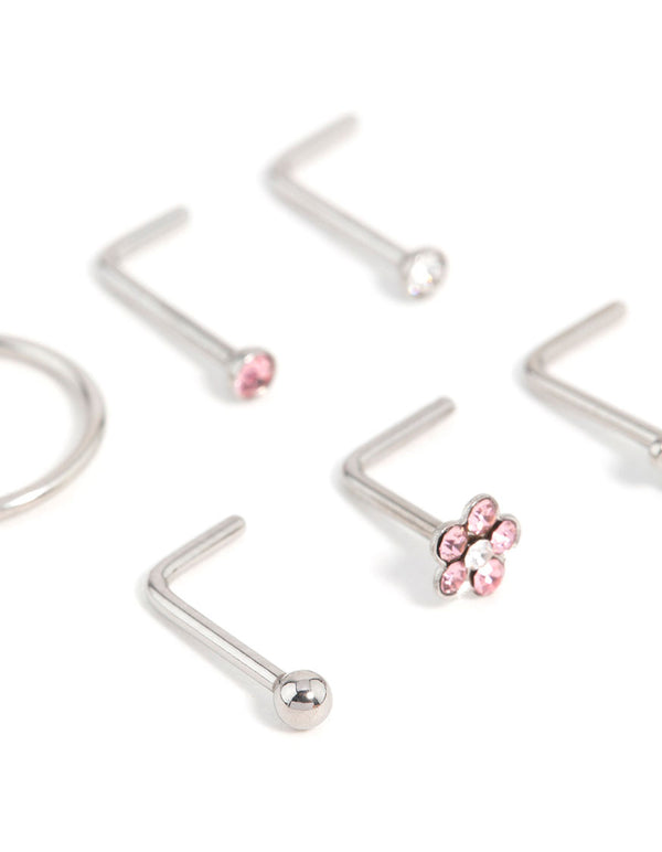 Surgical Steel Cubic Zirconia Flower & Heart Nose Piercing 6-Pack