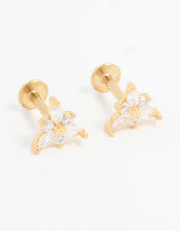 Gold Plated Surgical Steel Cubic Zirconia Flower Flat Back Earrings Pack - link has visual effect only