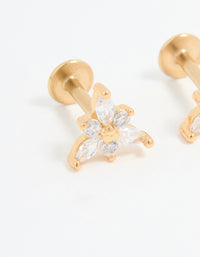 Gold Plated Surgical Steel Cubic Zirconia Flower Flat Back Earrings Pack - link has visual effect only