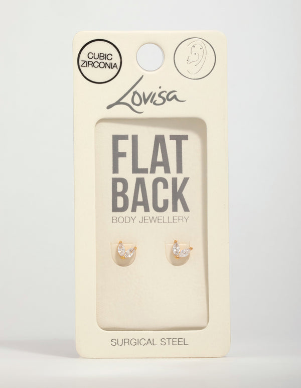 Gold Plated Surgical Steel Cubic Zirconia Leaf Flat Back Stud 2-Pack