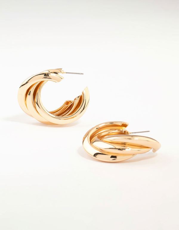 Gold Crossover Thick Hoop Earrings