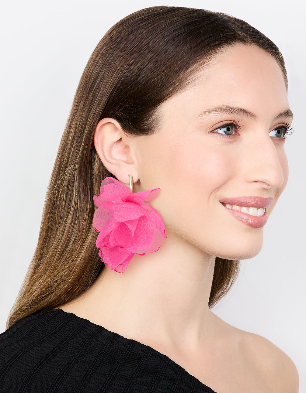 Gold Pink Fabric Flower Hoop Earrings