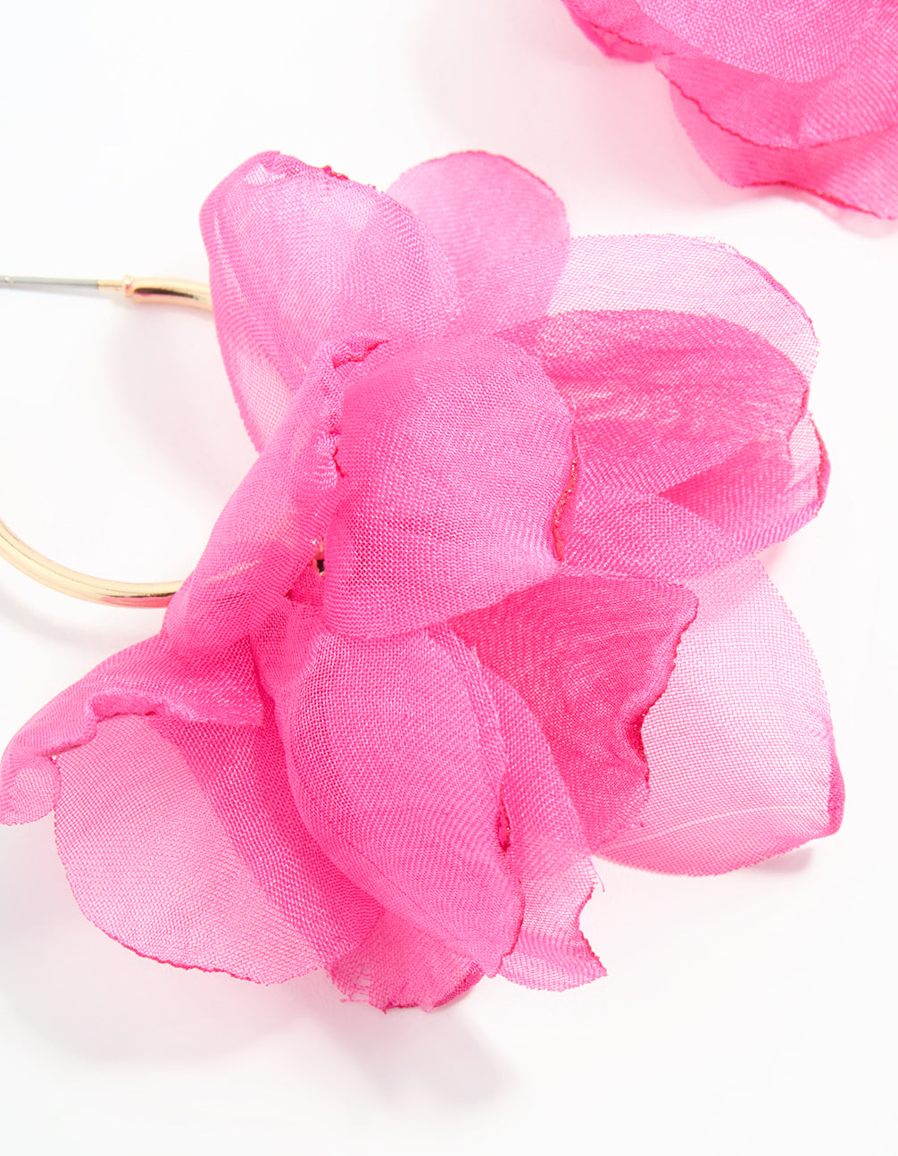 Gold Pink Fabric Flower Hoop Earrings