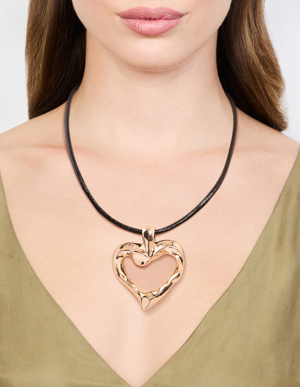 Gold Molten Heart Cord Pendant Necklace