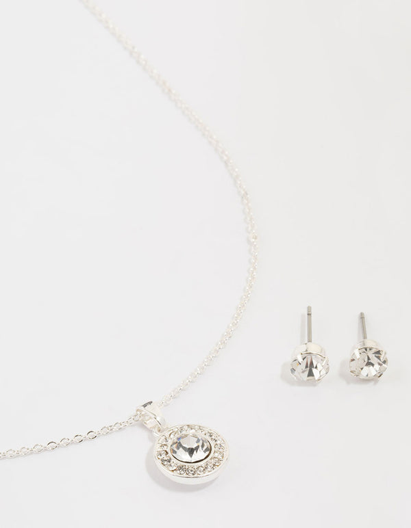 Silver Diamante Halo Necklace & Earrings Set
