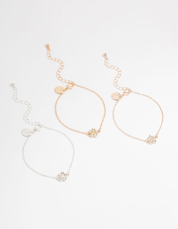 Mixed Metals Diamante Flower Bracelets 3-Pack