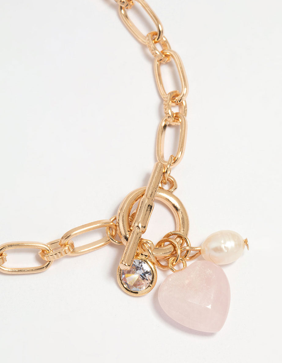 Gold Pearl Heart Charm T & O Bracelet