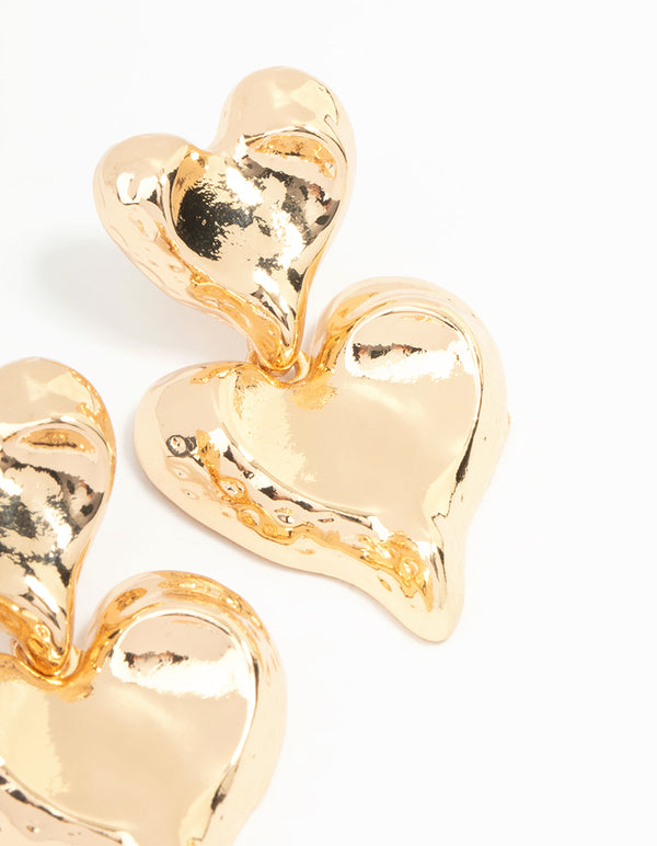 Gold Double Heart Drop Earrings
