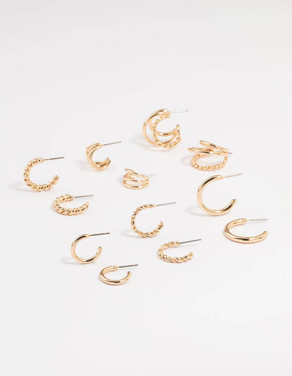 Gold Twisted & Sleek Hoop Earrings 6-Pack