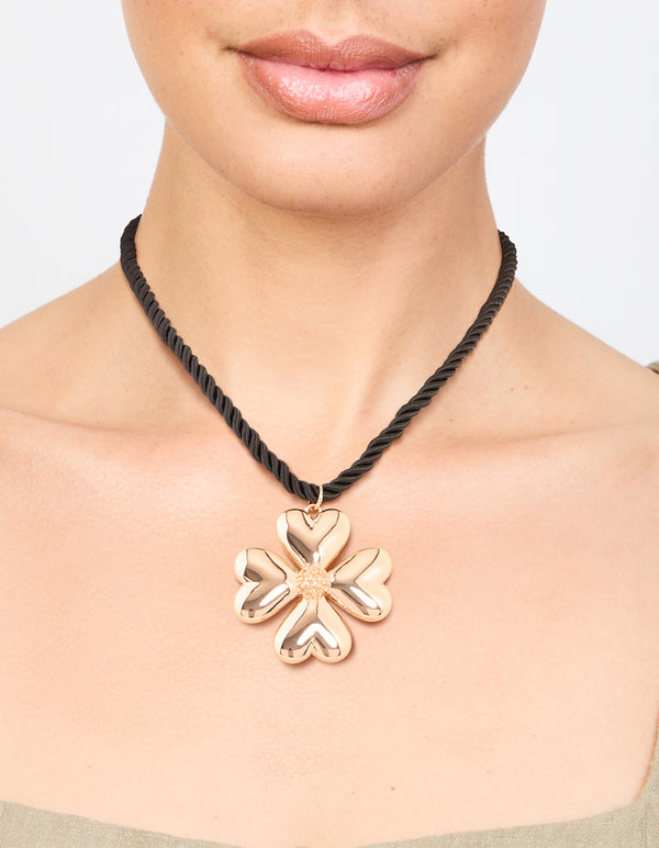 Gold Heart Clover Cord Necklace