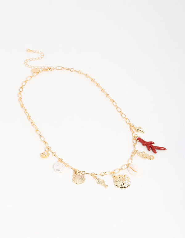 Gold Shell & Fish Charm Necklace