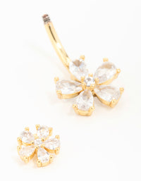 Gold Plated Surgical Steel Cubic Zirconia Double Daisy Belly Bar - link has visual effect only