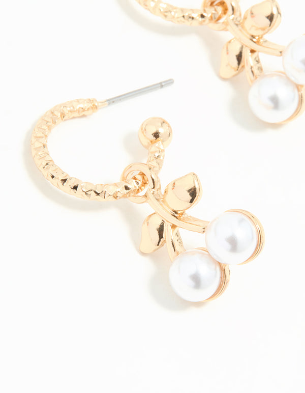 Gold Pearl Cherry Huggie Earrings