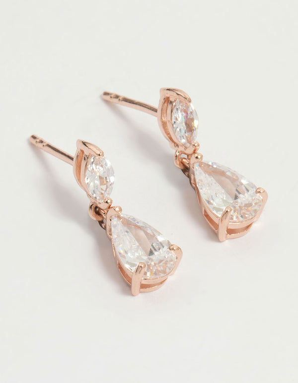 Rose Gold Plated Sterling Silver Cubic Zirconia Marquise & Pear Drop Stud Earrings