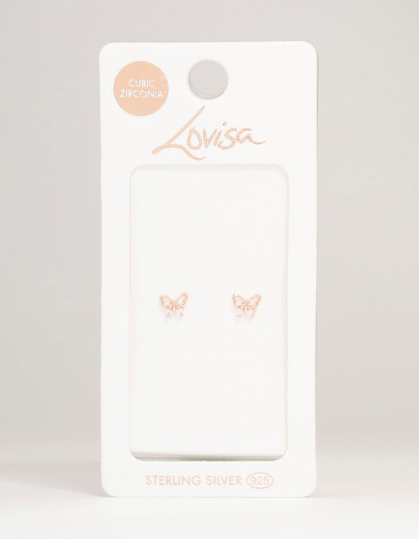 Rose Gold Plated Sterling Silver Cubic Zirconia Butterfly Stud Earrings