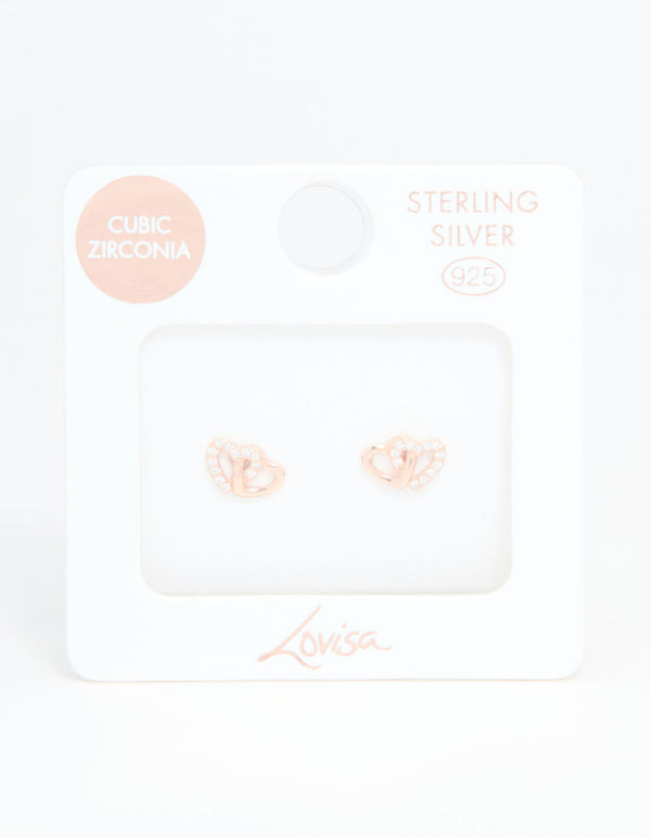 Rose Gold Plated Sterling Silver Cubic Zirconia Heart Stud Earrings