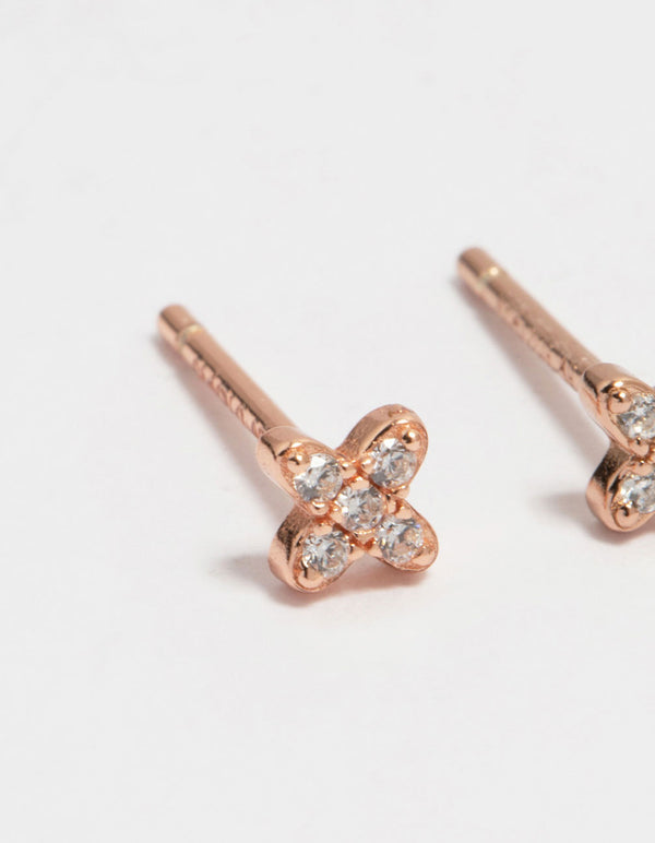 Rose Gold Plated Sterling Silver Cubic Zirconia Micro Flower Stud Earrings