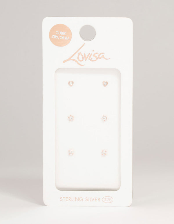 Rose Gold Plated Sterling Silver Diamante Tiny Stud Earrings 3-Pack