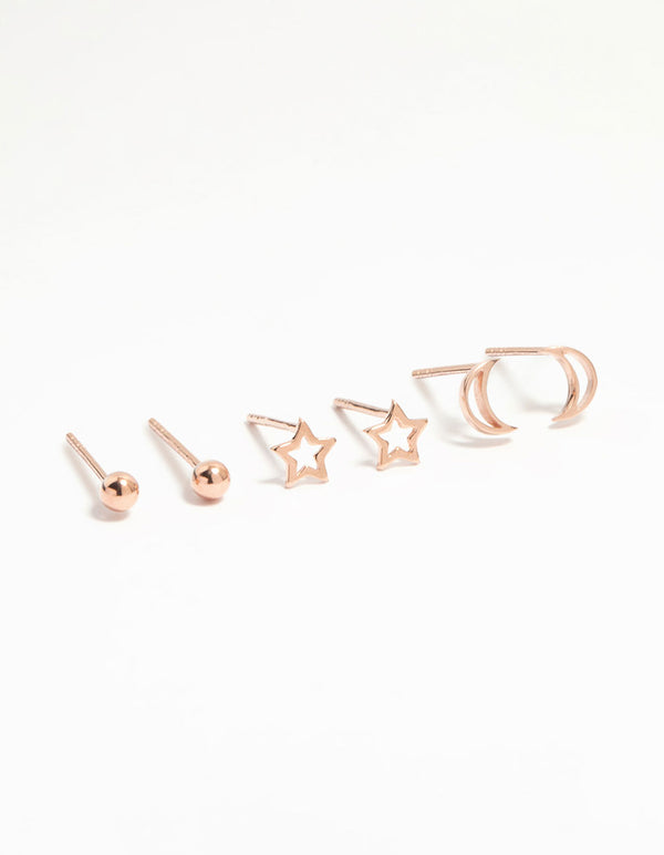 Rose Gold Plated Sterling Silver Open Celestial Stud Earrings 3-Pack